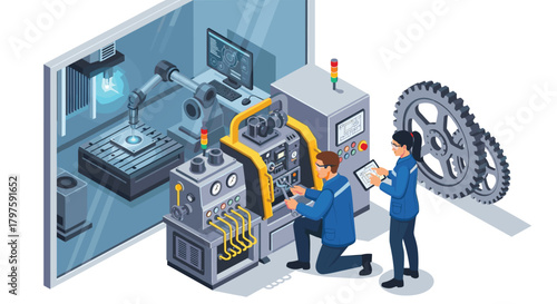 Engineers collaborating on modern factory automation, ensuring quality control with advanced technology in a dynamic industrial setting