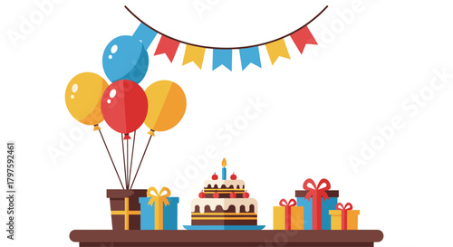 Celebrate joyous occasions with this festive birthday cake, colorful balloons, and charming gifts that evoke happiness and excitement for any party
