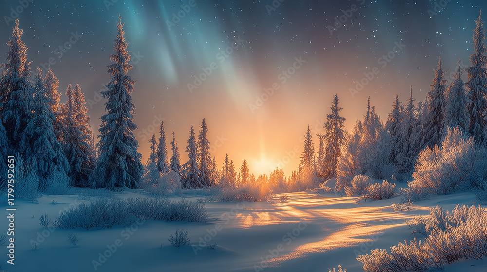 Fototapeta premium Winter landscape with snow-covered trees under northern lights with space for text