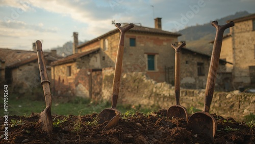 Antique Shovels with Wooden...