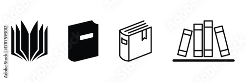 Open book icon black and white illustration. Creative black open book logo vector design illustration. Book icon. Literature book icons collection. Textbook icons. EPS 10