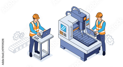 Modern manufacturing process utilizing CNC machine operated by skilled technicians for precision engineering and automation, driving industrial innovation