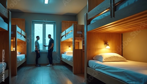 Two young men interact in modern hostel dorm room. Stand by window near wooden bunk beds with reading lamps, discussing travel plans. Budget travelers share comfortable accommodation, talking in
