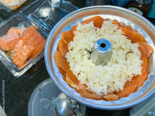 Homemade Salmon Sushi Mold with Rice and Slices