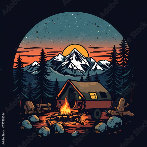 Illustration of camping in the mountains