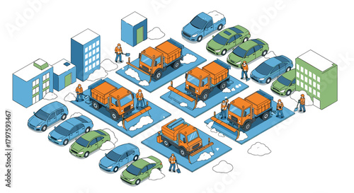 Efficient snow removal operation with city infrastructure, perfect for transportation planning and safety campaigns, a wintertime urban scene