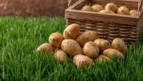 Ripe potatoes resting on gr...