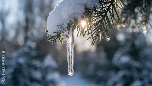 Snow-covered fir branches w...