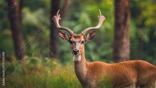 Fototapeta Naklejka Na Ścianę i Meble -  A Portrait of an elegant Sambar deer, showcasing natural beauty, wildlife observation
