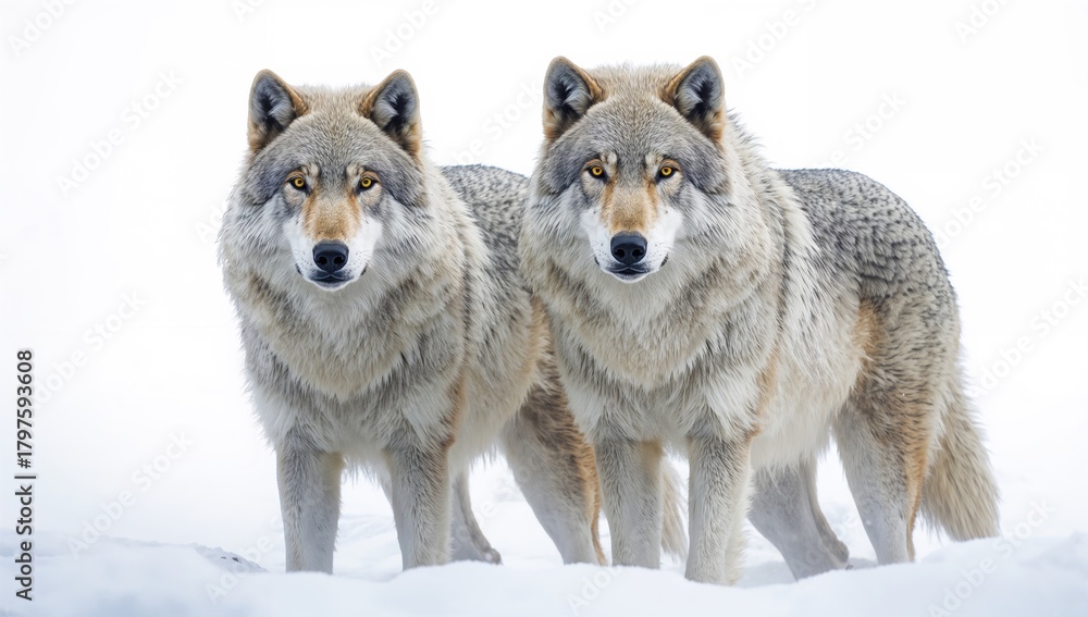 Obraz premium Wolves positioned in the snow, emphasizing isolation and solitude