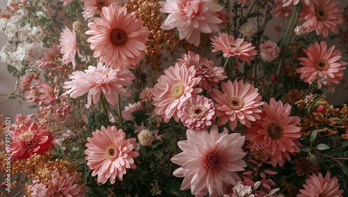 Pink flowers in bloom, a de...