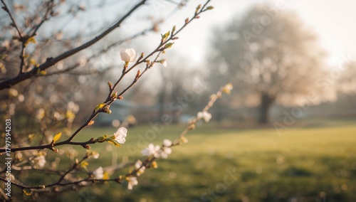 Spring is approaching, twig on the left with budding leaves and blurred branches background