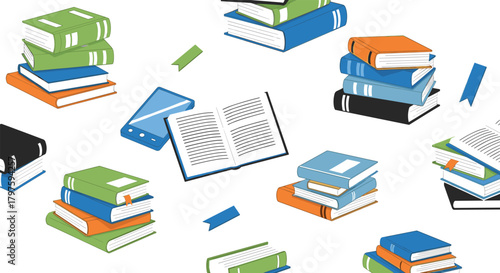 Seamless vector pattern illustrating stacks of colorful academic books, an open book, and a smartphone, symbolizing education, knowledge, literature, e-learning, and the pursuit of scholarly reading