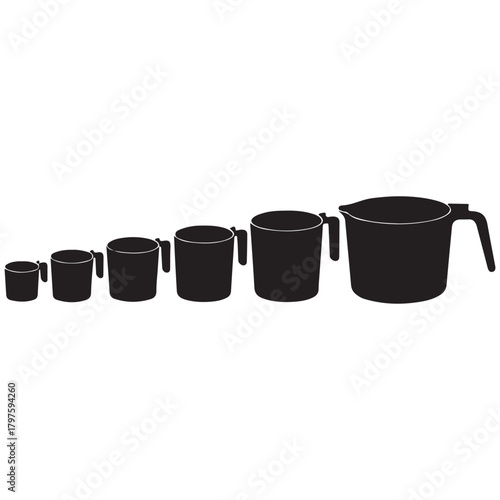 Set of five black plastic measuring cups with handles arranged in size order