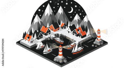 Charming coastal village harbor at night, boats sailing peacefully under the moonlit sky with mountain backdrop and iconic lighthouse beacon