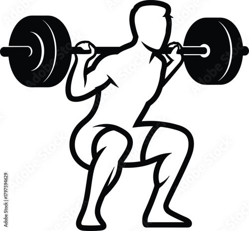 Barbell Squat Exercise Illustration of Athlete Performing Strength Training, Fitness Workout, Weightlifting Movement, Gym Sports Action Silhouette