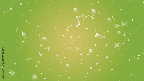 Snowflakes and snow dots falling on a green and yellow gradient background
