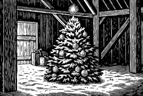 natural pine Christmas tree decorated with handmade ornaments stands inside an old wooden barn filled with soft string lights
