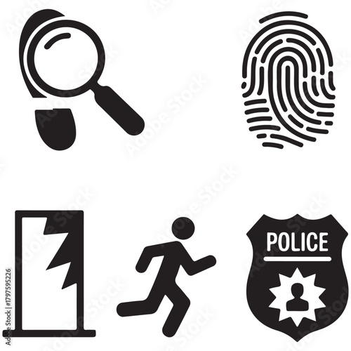 Crime scene investigation icons including a magnifying glass fingerprint broken door running person and police badge