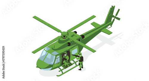 Dynamic green military helicopter with soldiers on mission, ready for action and defense operations in strategic locations worldwide