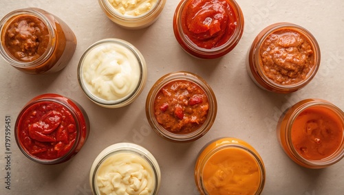Assorted sauces in jars, id...