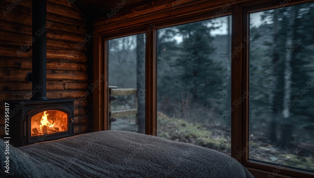 Naklejka premium Rustic wooden cabin bedroom illuminated by warm fireplace glow with a blurred forest view, suitable for a tranquil atmosphere