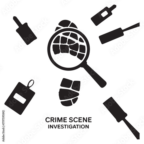 Crime scene investigation magnifying glass evidence collection tools and footprints