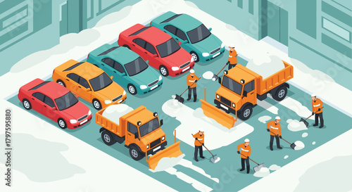 City workers clear snow from streets and parking spots with snowplows and shovels after heavy winter storm, a winter weather cleanup scene