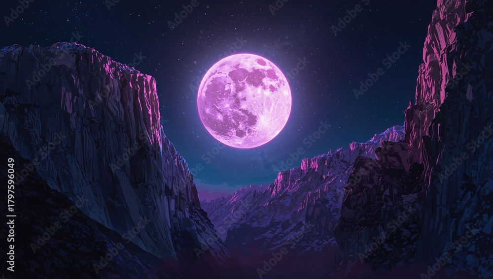 Fototapeta premium Neon moon illuminating granite cliffs during nighttime, showcasing natural beauty