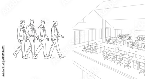 Monochrome line art vector depicting professional businessmen walking in suits alongside a detailed illustration of a modern open-plan office interior, symbolizing corporate progress and workplace env