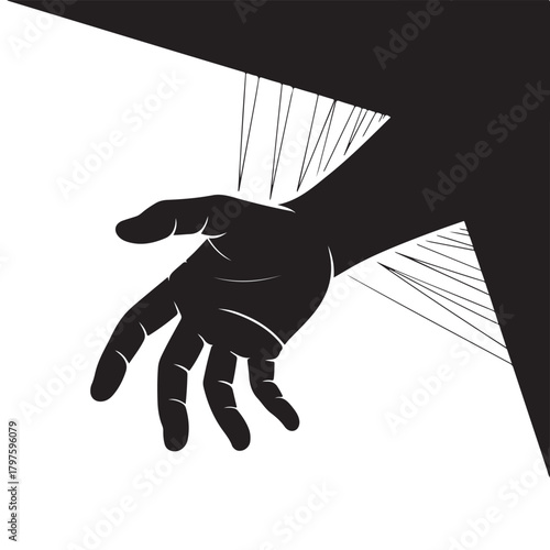 Silhouette of a reaching hand against a stark black and white background