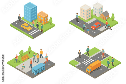 Isometric city life scenes showing pedestrians, vehicles, buildings, and a public park