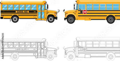 Yellow school bus vector illustration with a color version and a black line art outline.