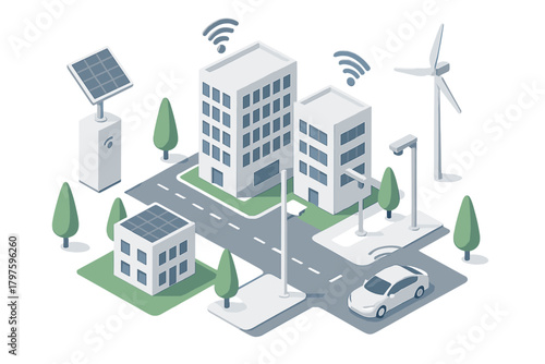 Sustainable smart city infrastructure featuring autonomous transport, renewable energy, and wireless communication