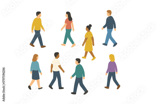 Diverse group of eight people walking in motion symbolizing community and social connection