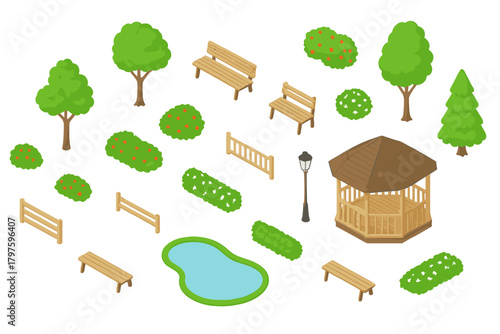 Isometric park and outdoor recreation elements collection featuring trees, benches, gazebo, and pond