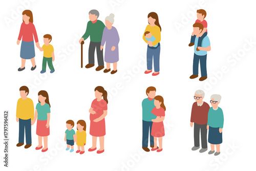 Diverse collection of isometric family units showing parents, children, and elderly relatives