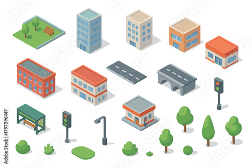 Isometric urban construction elements including buildings, roads, parks, and street furniture