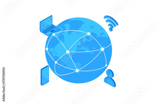 Isometric global network connecting digital devices and user profile icon on a blue world map sphere