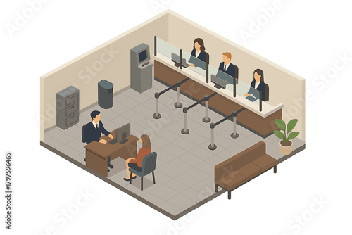 Isometric view of a bank lobby interior with tellers, customer service desk, and waiting area