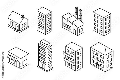 Isometric outline set of urban and residential buildings including apartment, factory, and detached house