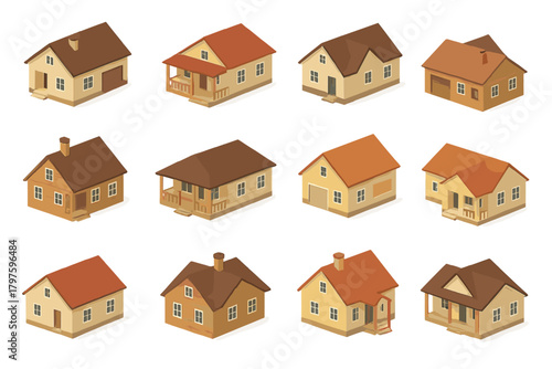 Set of twelve different isometric suburban residential houses and cottages on white background