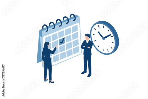 Business team reviewing important dates and deadlines on a calendar next to a large clock