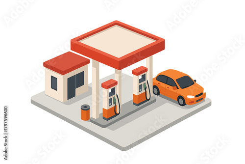 Isometric view of a modern gas station featuring two fuel dispensers and an orange car