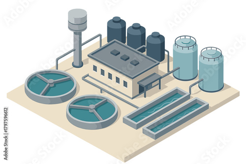 Modern industrial water treatment facility layout showing purification process and storage tanks