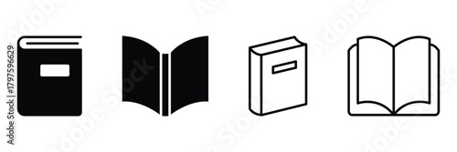 Simple black book icons open and closed vector. Book icon set, Various books vector drawing icon set, Open book, Closed book icon vector illustration