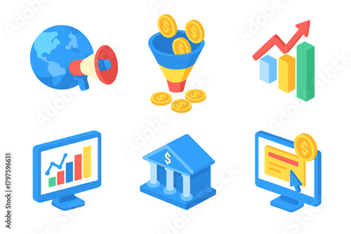 Isometric business concepts: marketing, sales funnel, financial growth, data analysis, and banking services