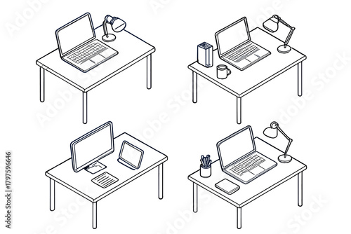 Four different isometric workspace setups featuring desks with computers, lamps, and supplies