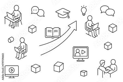Line icons representing distance learning, professional growth, students, books, and career success