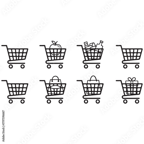 Collection of hand drawn shopping carts illustrating online shopping and e commerce